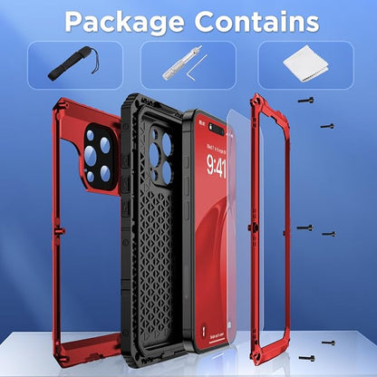 Mitywah Waterproof Case for iPhone 16 Pro, Shockproof Heavy Duty Case with Built-in Screen Protector, Underwater Full Body Protective Metal Case 6.3 inch, Red
