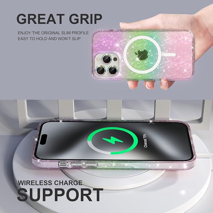 Choiche for iPhone 15 Pro Max Case Magnetic, Women Clear Glitter Bling Sparkly Case, [3xDiamond Camera Lens Protectors] [2xTempered Glass Screen Protectors] [Compatible MagSafe] (Glitter Colorful)