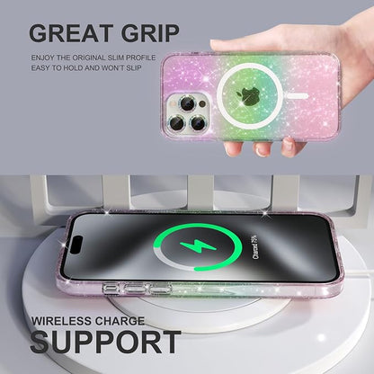 Choiche for iPhone 15 Pro Max Case Magnetic, Women Clear Glitter Bling Sparkly Case, [3xDiamond Camera Lens Protectors] [2xTempered Glass Screen Protectors] [Compatible MagSafe] (Glitter Colorful)