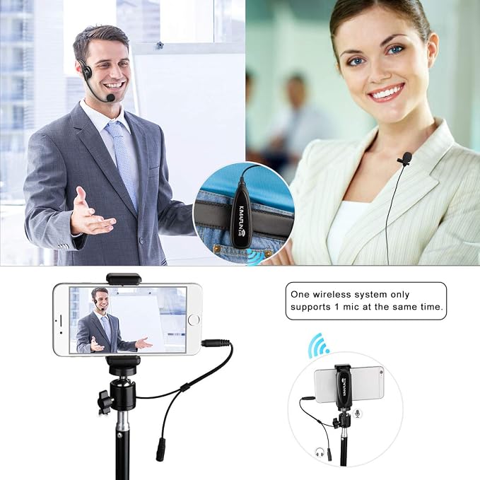KIMAFUN Wireless Microphone System, 2.4G Wireless Headset and Lavalier Lapel Microphones for iPhone, Android Phone, Laptop and Speaker, Designed for Teaching, Recording, Vlog, Broadcast, G102-3