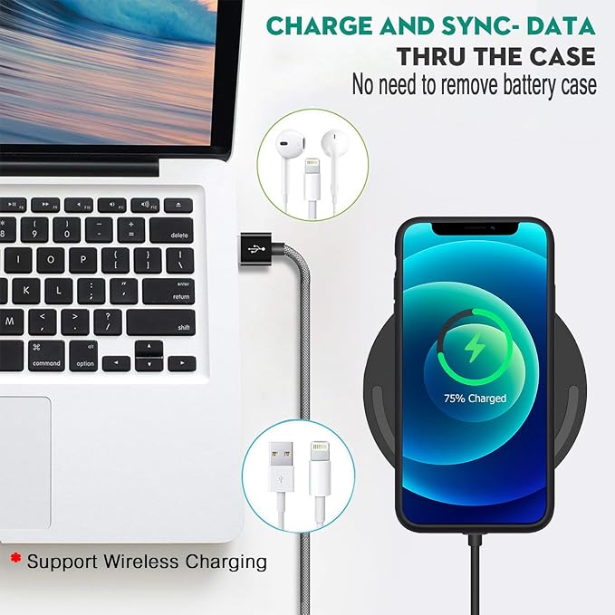 Battery Charging Case for iPhone 12/12 Pro, 10000mAh High Capacity Portable Protective Battery Case Wireless Charging Compatible with iPhone 12/12 Pro (6.1 inch) Extended Battery Charger Cover(Black)