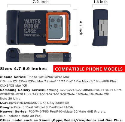 Underwater Phone Case for Snorkeling Diving 50ft/15m Waterproof Scuba Photo&Video Housing for iPhone17/16/15/14/13/12/11/Xr/X/Xs(Pro Max/Plus/Pro/Air) Samsung Galaxy S25/S24/S23-S21 Ultra Blue-Orange