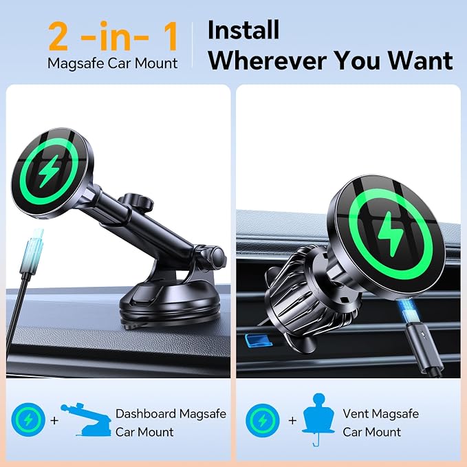 Coolpow for MagSafe Car Mount Charger【Ultra Magnet】Magnetic Phone Holders for Your Car Charger【Windshield+Vent+Dash】Magnetic Wireless Car Phone Holder Mount Charger Car Accessories for iPhone 17 16 15