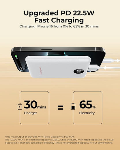 Small Portable Charger 10000mAh, Mini Power Bank with LED Display, 22.5W PD Fast Charging USB-C Battery Pack, Compact Lightweight Travel Charger Compatible with iPhone Samsung Android, White