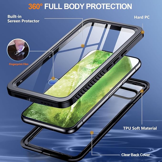 Hualele Pixel 9 Case Waterproof Built-in Screen Protector and Lens Protector, IP68 Underwater Rugged Full Body Shockproof Anti-Scratched Durable Phone Case for Google Pixel 9 Black/Clear