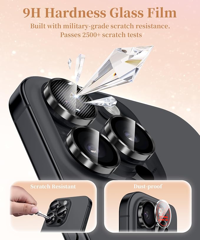 GolbinBox Camera Lens Protector for iPhone 15 Pro/15 Pro Max, 1:1 Invisible Fit, 9H Tempered Glass Ultra HD Metal Individual Camera Cover, Case Friendly, Black