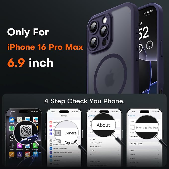 TOCOL for iPhone 16 Pro Max Phone Case Compatible with Magsafe Full Camera Protection Drop Protection Magnetic Translucent Matte Back Bumper Phone Case for 16 Pro Max 6.9-Inch (Midnight Purple)