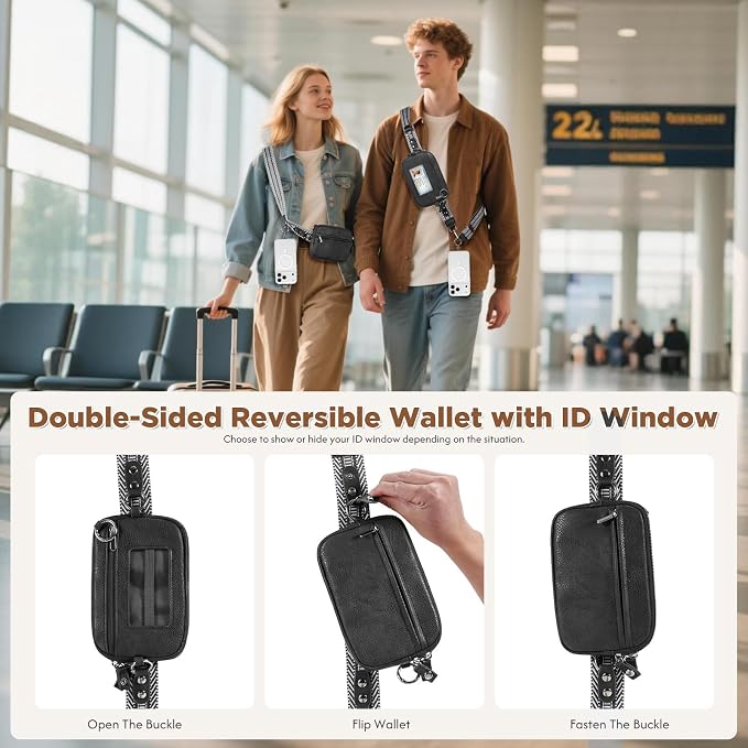Tiostep Clip and Go Strap for Phone with Wallet Crossbody Phone Lanyard Adjustable and Anti-Theft Leather Purse with RFID Zipper Pouch for Travel Daily Life. Black Medium