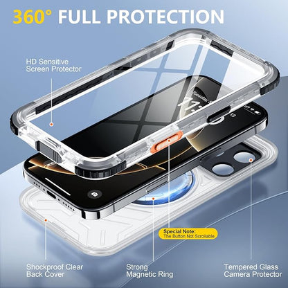 Red2Fire for iPhone 16 Pro Case Waterproof, [Built-in Screen Protector & Camera Protector][Compatible with MagSafe][Full Body Shockproof][IP68 Waterproof][Dustproof] Phone Case 6.3" Black