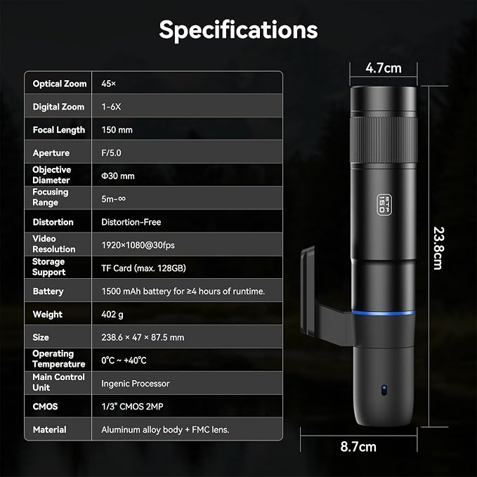 45X Wireless Digital Telephoto Lens, High Power HD Electronic Telephoto Phone Lens with 2.4G Wi-Fi App Connect, 1500mAh Battery for Birdwatching, Watch Concerts, Watch Match, Moon Viewing