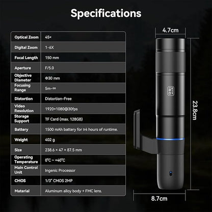 45X Wireless Digital Telephoto Lens, High Power HD Electronic Telephoto Phone Lens with 2.4G Wi-Fi App Connect, 1500mAh Battery for Birdwatching, Watch Concerts, Watch Match, Moon Viewing