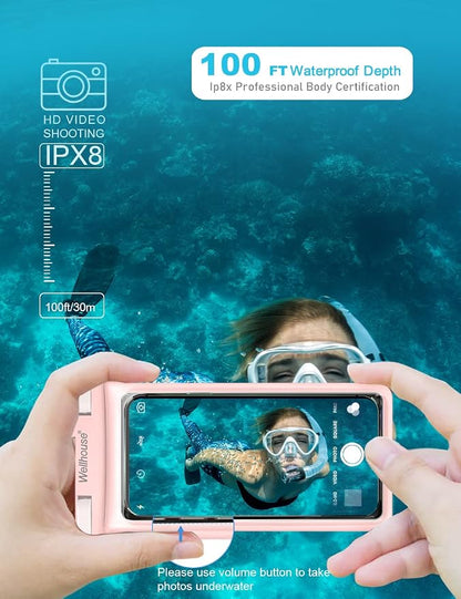 wellhouse Waterproof Phone Pouch, Waterproof Phone Case for iPhone17 16 15 14 13 Pro Max XS Samsung, IPX8 3D Cellphone Dry Bag Beach Essentials (2 Pack -Pink & White7.0, 7 inch)