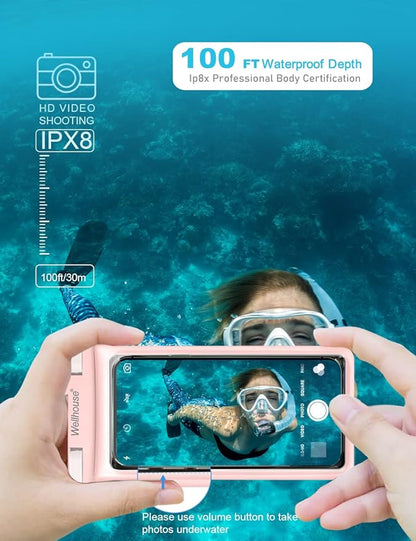 wellhouse Waterproof Phone Pouch, Waterproof Phone Case for iPhone 17 16 15 14 13 Pro Max XS Samsung, IPX8 3D Cellphone Dry Bag Beach Essentials (2 Pack - Blue & Pink7.0, 7 inch)
