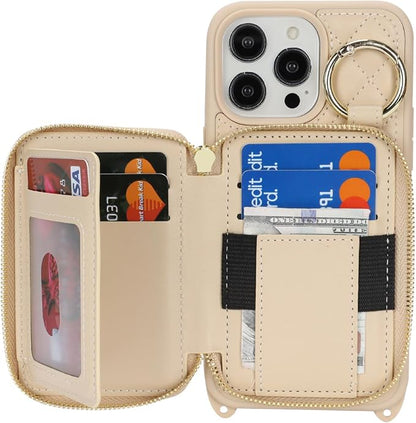 Crossbody Wallet Case for iPhone 14 Pro Max, PU Leather Zipper Handbag Purse Flip Cover, Kickstand Folio Case with Card Slots Holder Wrist Strap Lanyard 5G 6.7 Inch-White