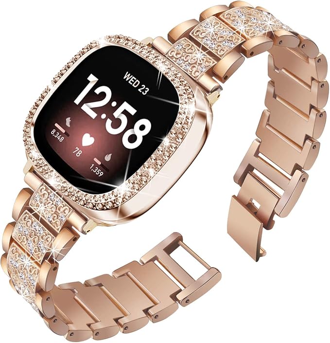 Compatible with Fitbit Versa 4/Sense 2 with Case Women, Jewelry Replacement Metal Wristband Strap with Bling PC Protective Cover for Fitbit Versa 3/Sense (Fitbit Versa 4/Sense 2, Rose Gold)