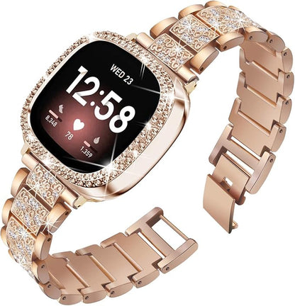 Compatible with Fitbit Versa 4/Sense 2 with Case Women, Jewelry Replacement Metal Wristband Strap with Bling PC Protective Cover for Fitbit Versa 3/Sense (Fitbit Versa 4/Sense 2, Rose Gold)