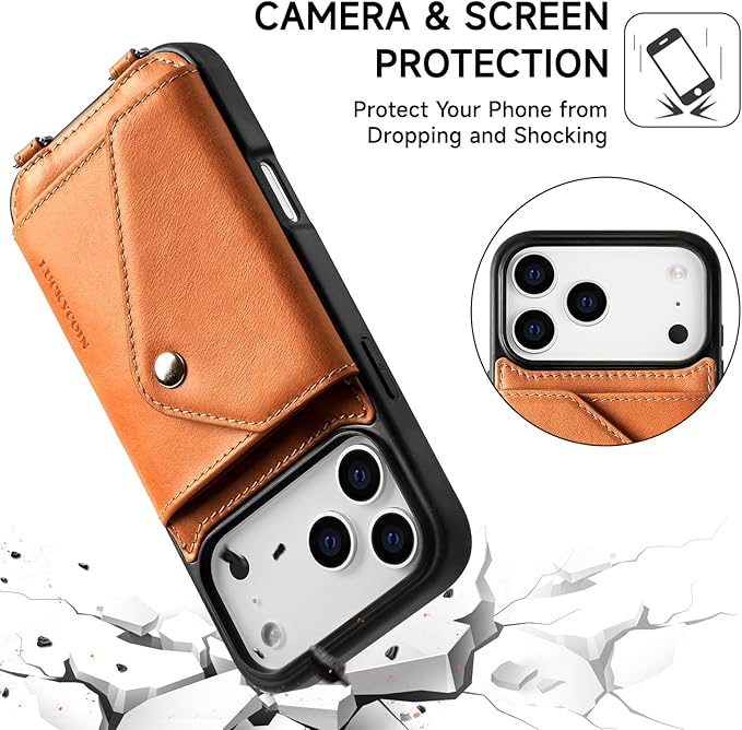LUCKYCOIN for iPhone 17 Pro Max Crossbody Wallet Case – Genuine Leather Phone Purse with Adjustable Strap and Card Holder,Lanyard Phone Purse Case for Women,Vintage Brown