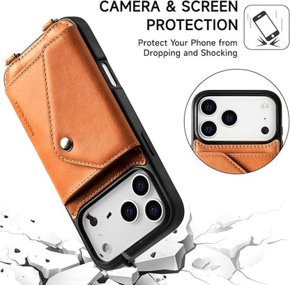 LUCKYCOIN for iPhone 17 Pro Max Crossbody Wallet Case – Genuine Leather Phone Purse with Adjustable Strap and Card Holder,Lanyard Phone Purse Case for Women,Vintage Brown