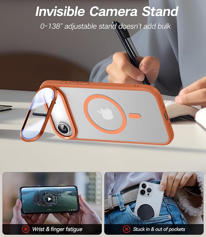 [Upgraded Full Camera Protection] for iPhone Air Case with Camera Cover Stand [Fit for MagSafe][10FT Mil-Grade Protection] Translucent Magnetic Phone Cover for iPhone 17 Air Case, Orange