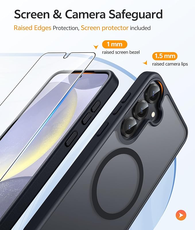FNTCASE for Samsung Galaxy S25/S24 Case, Fit for Magsafe, Screen Protector | Translucent Matte Magnetic Back, 14FT Military Grade Drop Protection, Shockproof Protective Phone Cover, Black