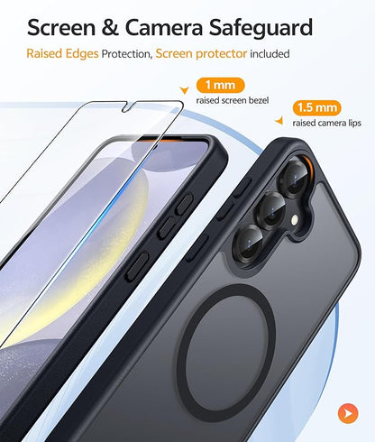 FNTCASE for Samsung Galaxy S25/S24 Case, Fit for Magsafe, Screen Protector | Translucent Matte Magnetic Back, 14FT Military Grade Drop Protection, Shockproof Protective Phone Cover, Black