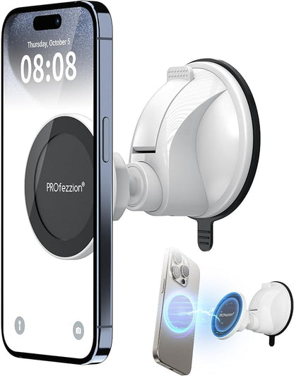 PROfezzion Magnetic Shower Mirror Phone Holder Reusable Suction Cup Phone Mount Compatible with iPhone 17 16 15 14 13 12 & All Phones, Rotating Stand for Glass Window Bathroom Kitchen, White