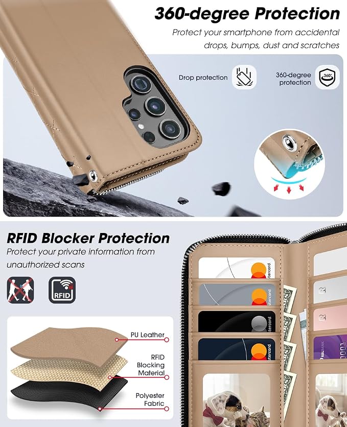 OCASE for Samsung Galaxy S26 Ultra Crossbody Detachable Wallet Case, PU Leather Handbag Phone Purse with Zipper Closure, Card Slots & RFID Blocking, Wrist Strap, Lanyard, Kickstand, Khaki