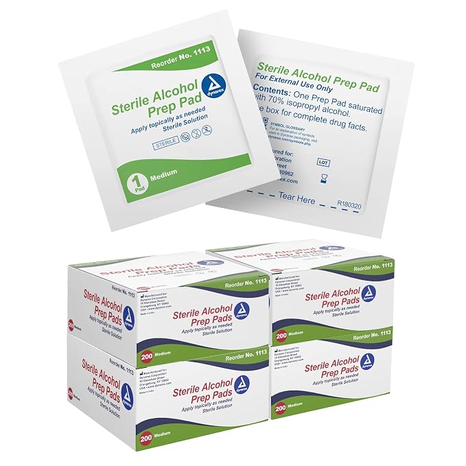 Dynarex Alcohol Prep Pads, Medical-Grade and Non-Woven Prep Pads, Saturated with 70% Isopropyl Alcohol, Rapid-Acting Antiseptic Wipes, 1-Ply, Medium, 4 Boxes of 200 Alcohol Prep Pads
