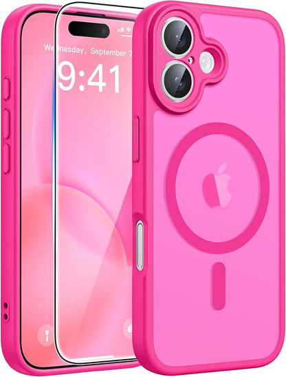 FNTCASE for iPhone 16 Case [Compatible with Magsafe] Translucent Matte Cases with [Screen Protector] Military Grade Shockproof Protective Phone Cover - Hot Pink