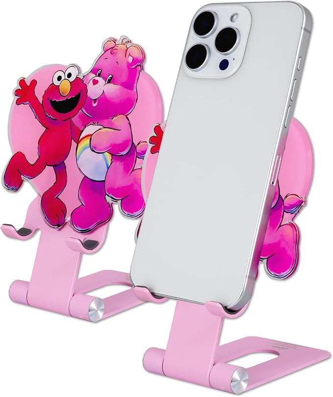 Sonix Character Phone Stand | Adjustable Cell Phone Holder, Desk Stand, Dock | Care Bears x Sesame Street Pink | Cheer Bear & Elmo