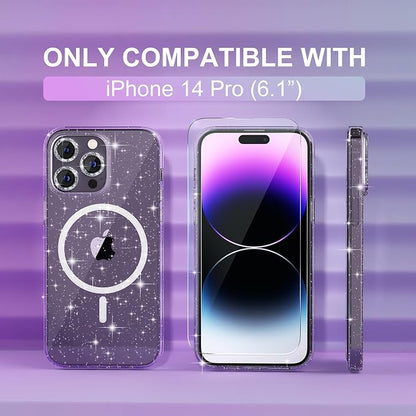 Choiche Magnetic Case for iPhone 14 Pro Case, Women Clear Glitter Bling Sparkly Case, [3xDiamond Camera Lens Protectors] [2xTempered Glass Screen Protectors] [Compatible MagSafe] (Glitter Clear)