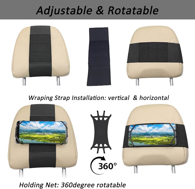 2 Pack Car Headrest Phone Mount Holder Fits All 3.5-7 Inch Cell Phone and Devices Silicone Car Phone Mount Holder for Kids in Back Seats - Black (Black 2 Pack)