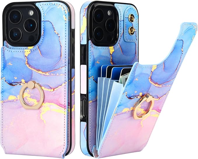 HAOPINSH for iPhone 16 Pro Max Wallet Case with Card Holder, 360°Rotation Ring Kickstand, Pink Blue Marble Pattern, RFID Blocking Leather for Girls Women, Double Buttons Protective Cover 6.9"