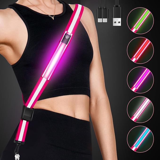 Fitense LED Reflective Belt Sash - 5 Lights Colors & 3 Light Modes High Visibility Night Safety Belt, Rechargeable Light Up Running Gear Adjustable Vest Straps for Runners Walkers Men Women