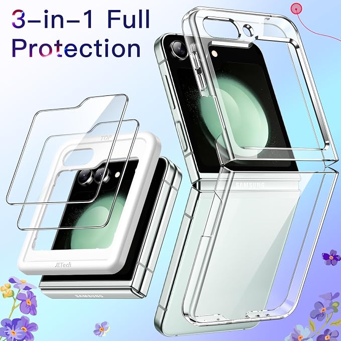 JETech 3 in 1 Case for Samsung Galaxy Z Flip 5, Clear | 2 Tempered Glass Front Screen Protectors, Scratch Resistant, Crystal Transparent Hard PC Shell, Protective Phone Cover