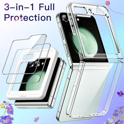 JETech 3 in 1 Case for Samsung Galaxy Z Flip 5, Clear | 2 Tempered Glass Front Screen Protectors, Scratch Resistant, Crystal Transparent Hard PC Shell, Protective Phone Cover