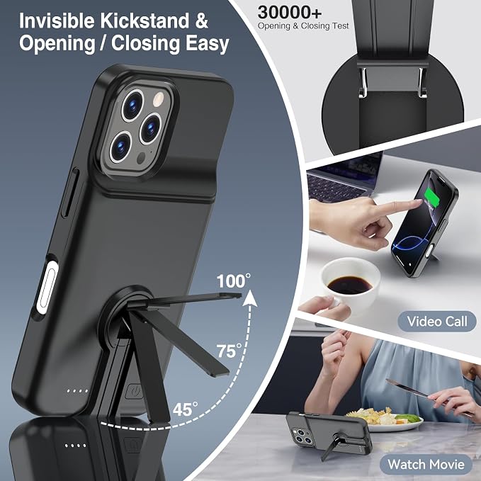 BOPPS Battery Case for iPhone 16 Pro Max with Stand【Support Carplay】 Slim 8500mAh Portable Rechargeable Strong Protective Extended Charger Cover for iPhone 16 Pro Max Charging Case-6.9inch Black