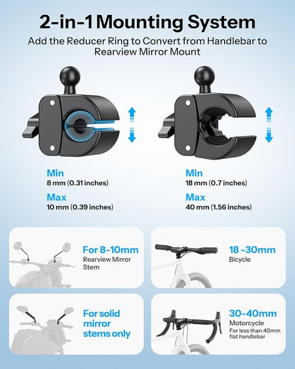 OMOTON BK01 Anti-Vibration Bike Phone Holder for Rearview Mirror & Handlebar, Shockproof Motorcycle Phone Mount with Quick Lock, Fit iPhone & All Android Phone for Electric Scooter/E-Bike/Stroller