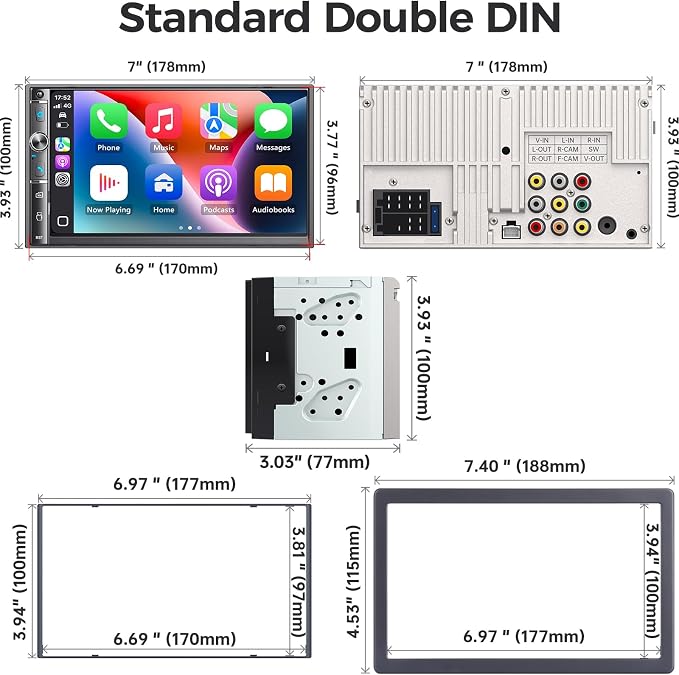 Double Din Car Stereo with 7" HD Touchscreen, Wireless Apple Carplay & Android Auto, Bluetooth, 240W, SWC, Subwoofer Output, Mirror Link, FM/AM Car Radio Receiver, Backup Camera