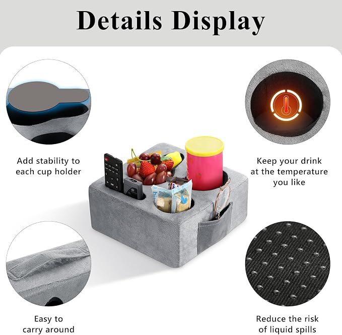 Luxspire Couch Cup Holder Tray, Couch Cup Holder Pillow with 4 Holes, Side Pocket and Handle, Couch Caddy Pillow for Phone/Drinks/Remote Control/Snacks, Gray