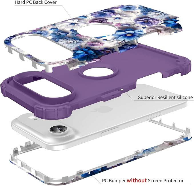 Hocase for iPhone Air Case 6.5", Heavy Duty Shockproof Protection Soft Silicone Rubber+Hard Plastic Bumpers Hybrid Protective Case for iPhone Air 2025 - Blue Purple Flowers