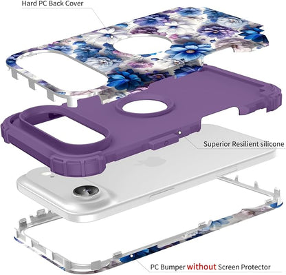 Hocase for iPhone Air Case 6.5", Heavy Duty Shockproof Protection Soft Silicone Rubber+Hard Plastic Bumpers Hybrid Protective Case for iPhone Air 2025 - Blue Purple Flowers