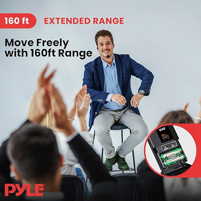 Pyle UHF Wireless Microphone System Kit - Portable Professional Cordless Microphone Set Wireless Mic - Headset, Lavalier, Beltpack Transmitter, Receiver - Karaoke, Conference PDWMU114, Black