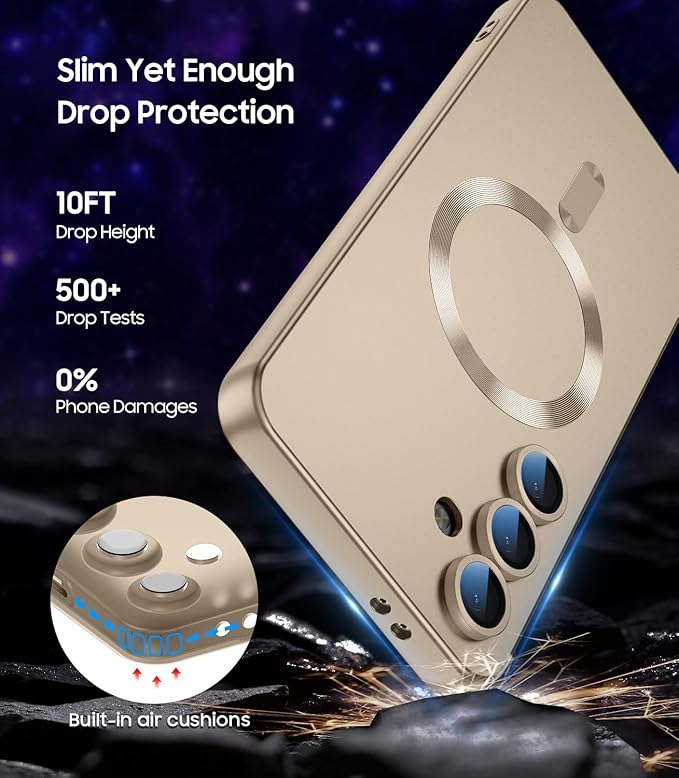 Magnetic for Samsung Galaxy S25 FE Case [Compatible with MagSafe][Built-in Camera Lens Protector] Slim Soft Silicone Bumper Shockproof Metallic Luster Phone Case, Gold