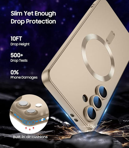 Magnetic for Samsung Galaxy S25 FE Case [Compatible with MagSafe][Built-in Camera Lens Protector] Slim Soft Silicone Bumper Shockproof Metallic Luster Phone Case, Gold