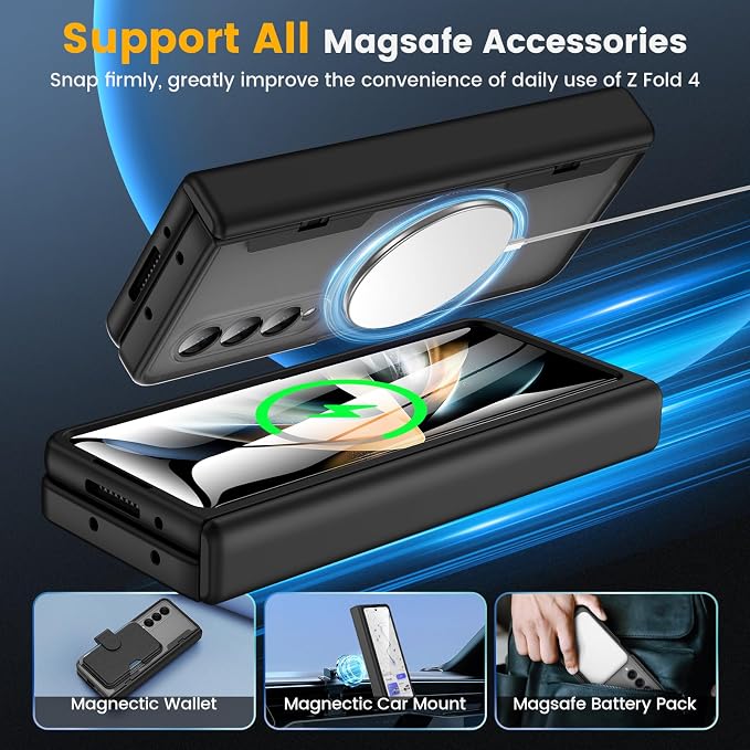 Caka Magnetic for Samsung Galaxy Z Fold 4 Case with Hinge Protection Black | Compatible with MagSafe, Built-in Outer Screen Protector, Hinge Guard, Translucent Matte Back, 360° Hybrid Drop Defense