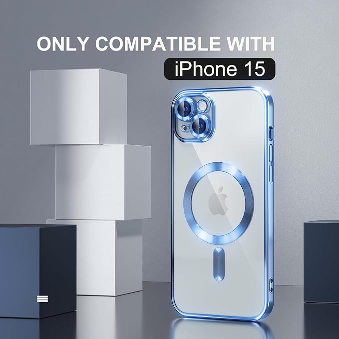 Misea Magnetic for iPhone 15 Case Compatible with MagSafe [Never Yellowing] [Military Grade Drop Protection] Full Camera Lens Protector Plating Soft Clear Phone Case for Women,Sierra Blue