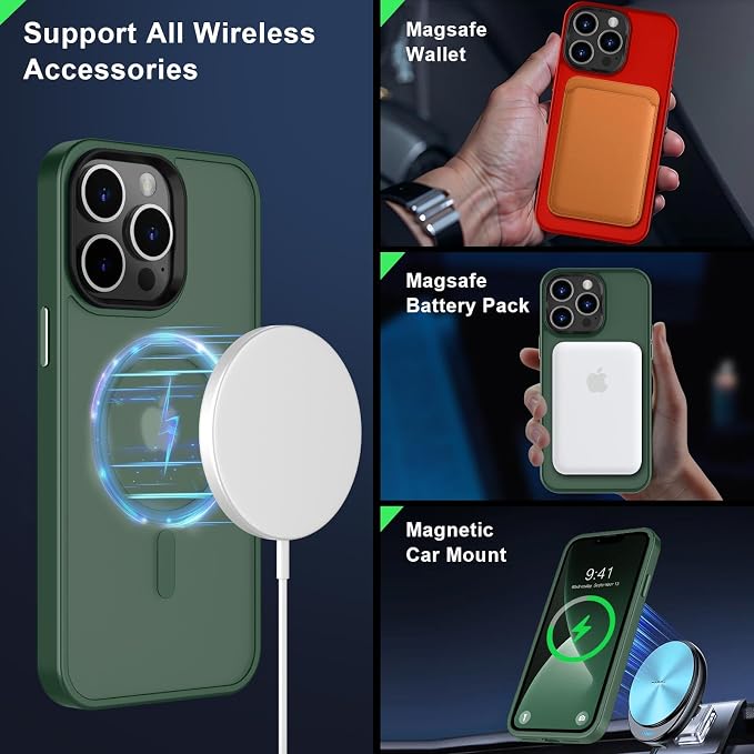 MOCCA Strong Magnetic for iPhone 13 Pro Max Case,[Compatible with Magsafe][Glass Screen Protector+Camera Lens Protector] Slim Thin Shockproof Cover Phone Case for iPhone 13 Pro Max 6.7",Midnight Green