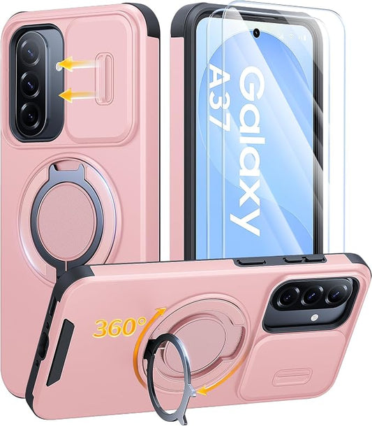 JAME for Samsung Galaxy A37/A36/A56 5G Case, Ring Holder Stand Kickstand, Slide Camera Cover, 2 Screen Protectors, Dual-Layer Shockproof Protective, Magnetic Accessory Friendly Phone Case, Pink