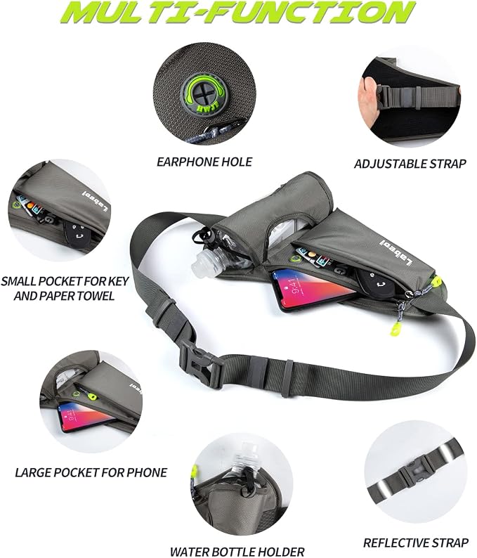 Running Belt, Waterproof Hydration Belt with Water Bottle Holder Hiking Walking Waist Pack Reflective Adjustable Fanny Pack Compatible for Phone Waistband Outdoor